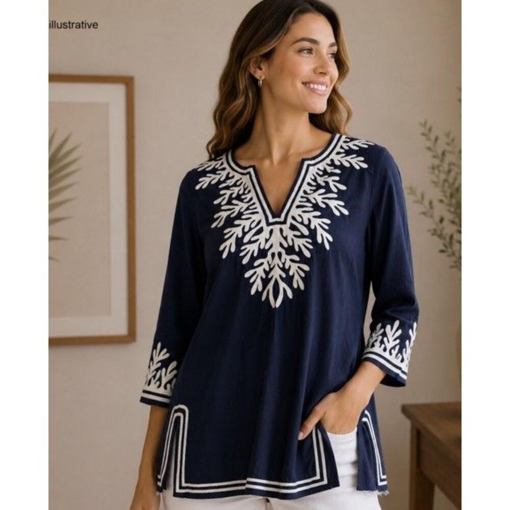 Gretchen Scott Navy Blue & White 3/4 Sleeve Cotton Coastal Tunic Top Medium